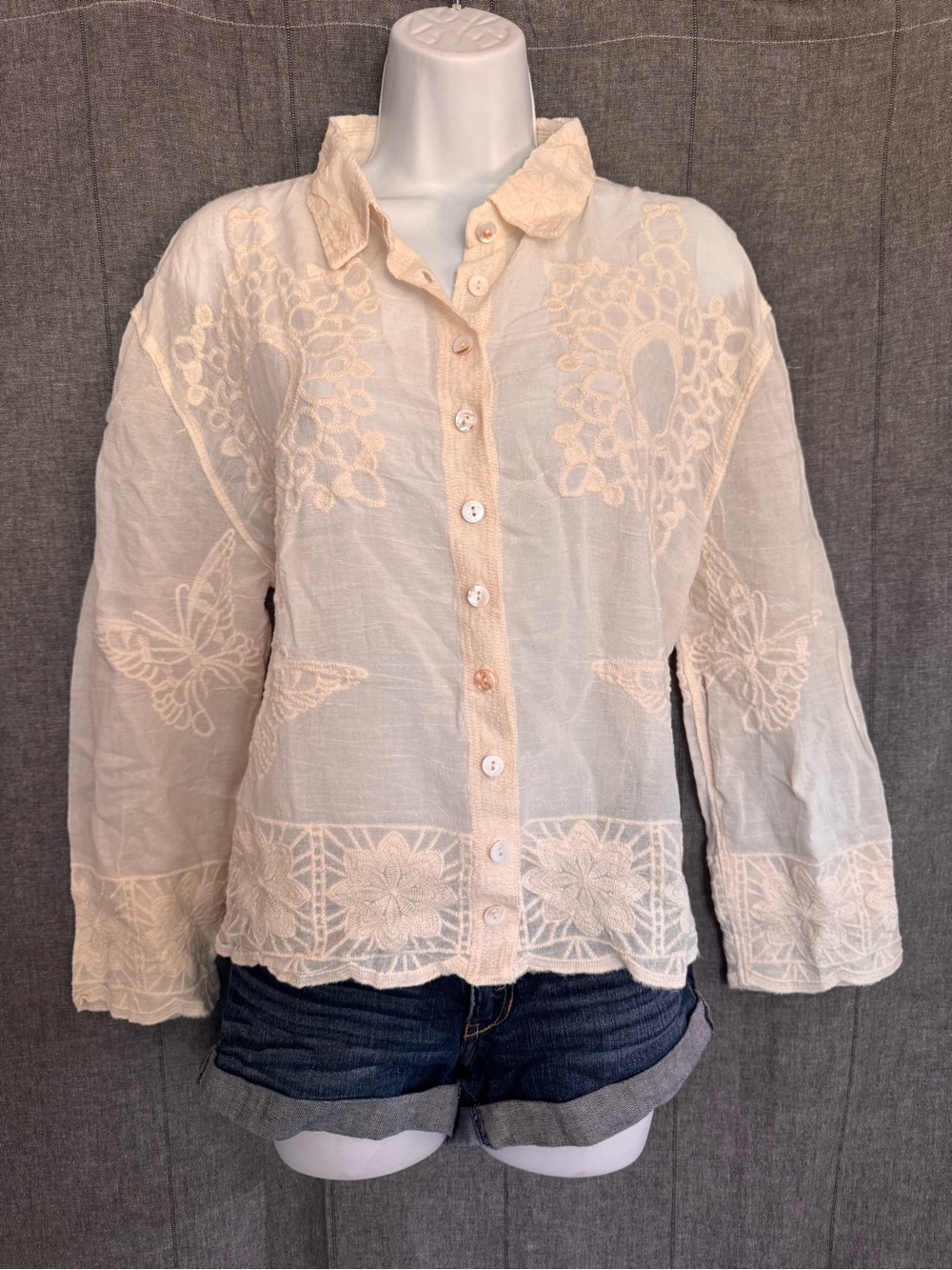 Liv Los Angeles Cotton Embroidered Sheer Cream Cardigan Button Up Top Butterfly
